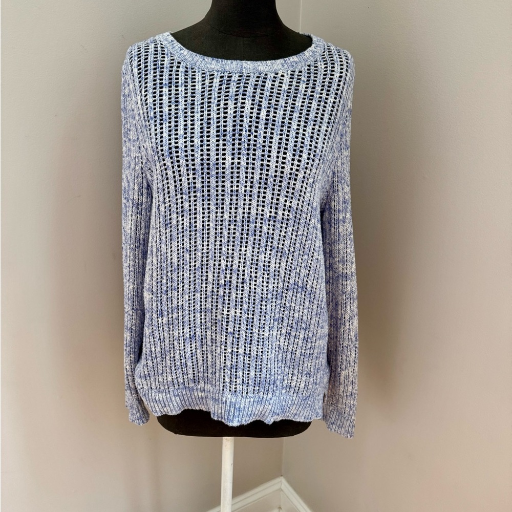 Talbots 100% Cotton Open Knit Chunky Blue White Ladies Sweater Size Medium EUC - Picture 5 of 9